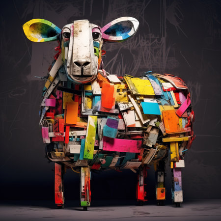 a photo of a "papersheep" artwork from kookaburrashop by mike gosling. this piece is created in the style of artur bordalo, featuring multi-layered compositions and influences from sung kim's industrial design. the artwork showcases a vibrant and multi-colored minimalism, with a touch of raw metallicity. mandy disher's artistic influence can also be seen in this captivating piece. ai generatedの素材