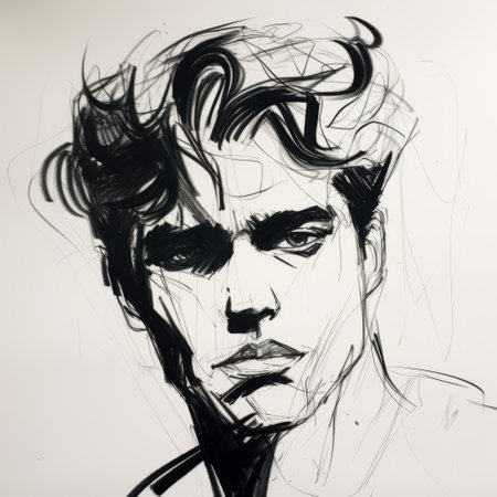 a portrait drawing of a boy named jack lyons, created in the style of 85 new wave. this brushstroke-intensive artwork captures the essence of dark and brooding designer daniel jaems. the strong facial expression on jack's face is reminiscent of the works of simon birch and julie mehretu. ai generatedの素材