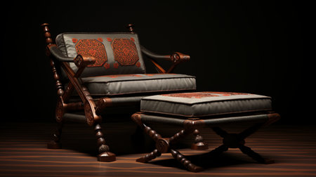 the tinkercraft chair and ottoman is a resizable furniture set inspired by orientalist imagery. with vray tracing technology, it showcases indian motifs and the influence of orazio gentileschi. the photorealistic detail brings out the darkly detailed and contrasting elements of this stunning piece. ai generatedの素材