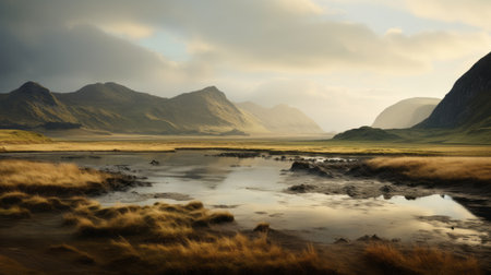 a foggy landscape with mountains and a dramatic sky. this photography captures the calm waters and the detailed rendering of the dutch landscape. the dark beige and amber tones add a realistic and dramatic touch to the scene. the focus stacking technique enhances the depth and the dramatic use of shadows creates a captivating skyline. explore the beauty of scottish landscapes in this stunning image.の素材