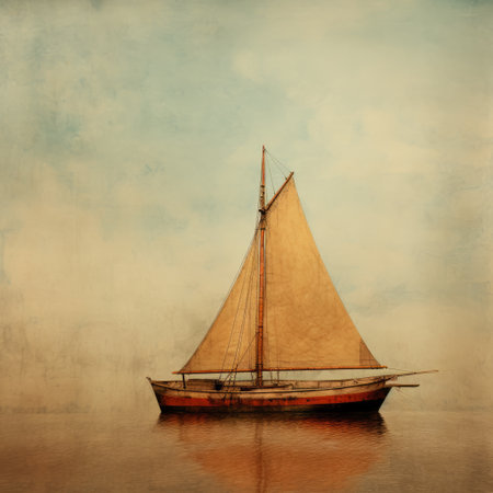 a sailboat gracefully glides on the water, framed by a serene blue sky. this captivating image, reminiscent of jamie heiden's style, showcases the influence of pictorialism and rustic americana. the light red and brown tones create a warm and inviting atmosphere, while the misty ambiance adds a touch of mystery. lisette model's figuratively textured approach further enhances the visual appeal of this captivating photograph. aiの素材