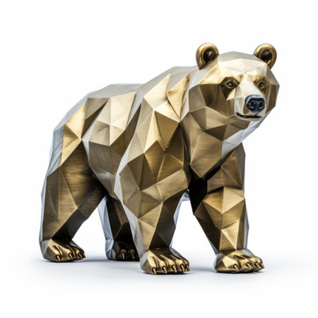 a brown bear with triangle gold detail stands out in this highly detailed figure created in the style of octane render. the aluminum material adds a touch of modernity, while the geometric precision showcases the artist's skill. captured in 32k uhd resolution, this stunning artwork by jarosaw janikowski features a white background that enhances the bear's presence. ai generatedの素材