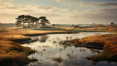 a serene stream surrounded by lush trees and grass, reminiscent of the picturesque suffolk coast views. this captivating photo captures the essence of max rive's style, with its light gray and light amber tones. the layered and atmospheric landscapes evoke the influence of cfa voysey's work. shot on fujifilm pro 400h, this image exudes the tranquility found in dutch marine scenes. ai generatedの素材