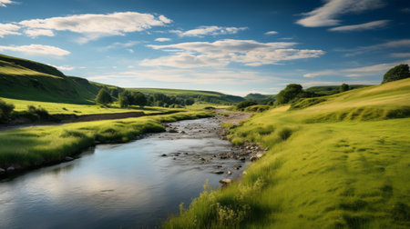 a river flows through a lush green grassy valley, showcasing the traditional british landscape in a style reminiscent of light sky-blue and light amber hues. captured with the zeiss milvus 25mm f/1.4 ze lens, this photo exudes the essence of prairiecore aesthetics, with atmospheric light and shadow creating a stylish celebration of rural life. ai generatedの素材
