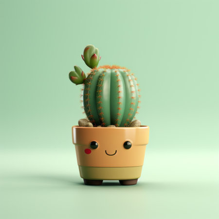 3d cactus plants featuring cartoon animation are showcased against a vibrant green background. inspired by the artistic style of atey ghailan and miki asai, this single object captures attention with its subtle, earthy tones. the minimalistic design highlights strong facial expressions, while the inclusion of a konica big mini adds a touch of vintage charm. ai generatedの素材