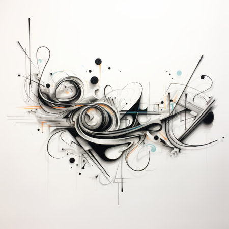 an abstract piece of art featuring symbols, swirls, and colorful curves. this hyperrealistic composition combines elements of trompe-l'oeil graffiti, intricate minimalism, and elaborate calligraphy. the artwork is predominantly dark white and light cyan, with accents of black and gray. ai generatedの素材
