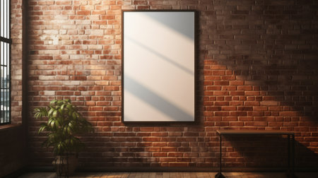 empty brick wall and wooden table with a wooden frame, captured in the style of raphael lacoste. the composition features a light white and bronze color palette, complemented by bold posters. the high-resolution image showcases intricate details, including a mirror and artwork by walter launt palmer, a renowned hard edge painter. ai generatedの素材