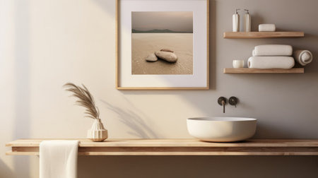 a photo of water framed by rocks, with a beautiful sun reflection. this minimalist design captures the essence of anti-clutter aesthetics, featuring muted earth tones and handcrafted objects. the image is in stunning 8k resolution, showcasing the coastal views. the spot metering technique highlights the light orange and beige tones, creating a serene and captivating composition. ai generatedの素材
