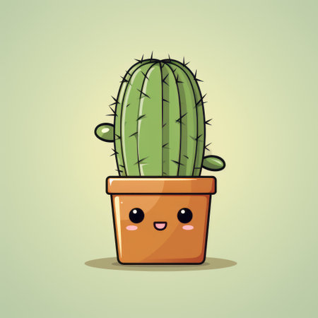 a cartoon illustration of a cute cactus with a little face, in a pot. this vector artwork showcases a humorous tone with flat color blocks and creative commons attribution. the style is reminiscent of leica m10 photography, featuring a light green color palette. the image utilizes strong negative space for added visual impact. ai generatedの素材