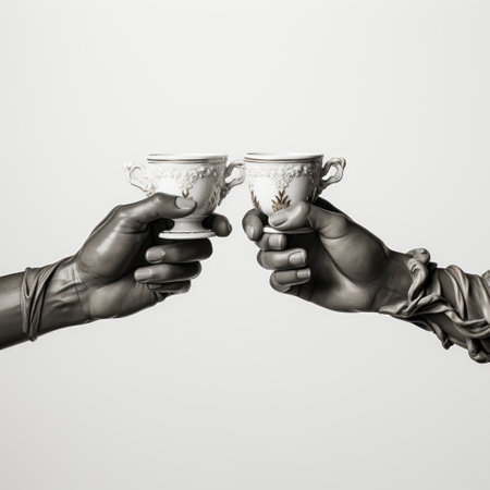 two girls joyfully celebrate in front of a black-and-white photograph, featuring a surrealistic ceramics-inspired style. the hyperrealistic still lifes in shades of gray and bronze create a captivating backdrop. with bold gestures and influences from rococo-inspired art and afrofuturism, the photo offers a unique perspective through its macro lens. ai generatedの素材