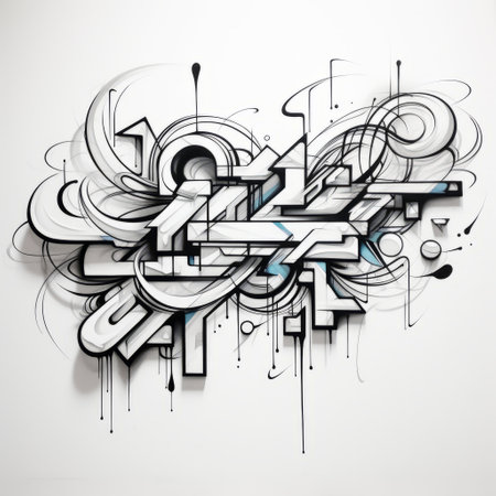 a photo showcasing a text-based design on a wall, featuring various letterings in the style of perspective-bending graffiti. the design incorporates organic flowing forms, intricate pen illustrations, and elements of 3d and yupik art. the composition is predominantly gray and black, creating a majestic visual impact. ai generatedの素材