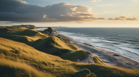 sunset on the cliffs of the east coast, new zealand, captures the essence of traditional british landscapes with its light brown and green hues. this atmospheric shot by gediminas pranckevicius evokes the beauty of english countryside scenes, reminiscent of the suffolk coast views. pendleton ward's photography skillfully merges the natural beauty of new zealand with the charm of the english countryside. ai generatedの素材
