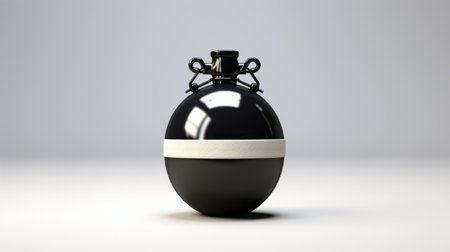 antique hand grenade-shaped bomb shell on a gray background. the ambient occlusion style enhances the dark navy and black tones, showcasing the polished craftsmanship. captured with kodak vision3, the ceramic bomb shell appears shiny and glossy, exuding a unique chinapunk aesthetic. ai generatedの素材