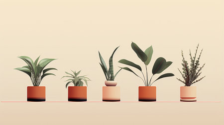 four plants, arranged in a symmetrical and orderly manner, are showcased in this minimalist background. the plants are placed in pots of various colors, including light orange and beige. created using cinema4d, an architectural illustrator, the image exhibits a shallow depth of field, highlighting the plants' details. ai generatedの素材