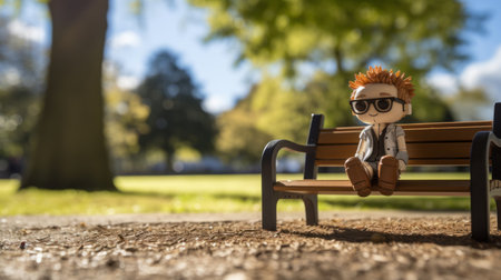 a cartoonish mini fig is seen sitting on a bench in an outdoor park. the image captures the innocence and relatable personality of the character. the industrialpunk style is evident in the background, created using photobashing techniques. the high-quality uhd image was taken with a zeiss planar t 80mm f/2.8 lens, and ray tracing adds depth and realism to the scene. ai generatedの素材