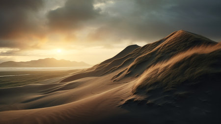a stunning photo of a sunset in iceland captured by bing photos. this realistic landscape showcases soft, tonal colors and a desertwave style. the image portrays a realistic portrayal of light and shadow, with surreal organic forms and photorealistic detail. the dusty piles add to the overall aesthetic of this breathtaking photo. ai generatedの素材