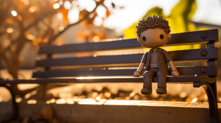 brown background with wood on the bench, featuring adorable toy sculptures in the style of helios 44-2 58mm f2 lens. the scene captures the essence of comiccore and street life, bathed in a golden light. the image exudes a berrypunk vibe and showcases relatable personalities. ai generatedの素材