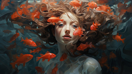 a girl immersed in a water scene finds herself surrounded by vibrant orange fish. this realistic fantasy artwork showcases brushstroke-intensive portraits with a mix of dark teal and light red hues. the hyper-realistic portraits capture the essence of the girl's dreamlike surroundings, featuring swirling vortexes and mesmerizing details. ai generatedの素材