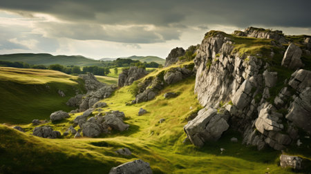 boulders in green mountain country under the summer sun, showcasing the traditional british landscape style. the photo captures the contrasting lights and darks, with torn and distressed edges adding a unique touch. the color palette consists of light gray and green tones, creating a captivating visual. the image also carries elements of mythological storytelling, making it an award-winning composition. ai generatedの素材