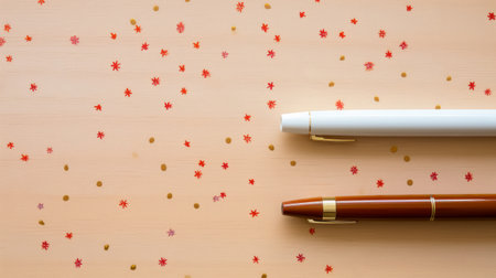 a pen and paper with polka dot patterns in the style of classic japanese simplicity. the light red and amber dots create a confetti-like effect, while the canon af35m camera captures the pattern explosion. the photo showcases hand-painted details in white and brown. ai generatedの素材