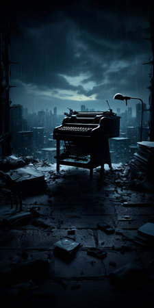 a ruined area captured in a narrative-driven composition, this dark and atmospheric photo showcases the essence of poster art and the world of musical academia. with realistic still lifes and dramatic lighting, this uhd image portrays the gloomy metropolises in a captivating way. ai generatedの素材