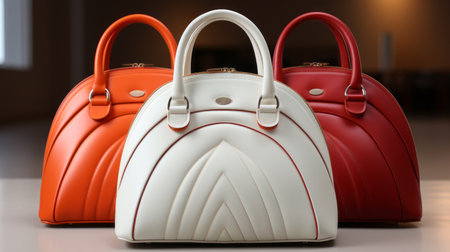 a stunning collection of purses showcased at the new york fair, featuring graceful curves and eye-catching details. these art deco designer purses, in white and orange, are created using vray tracing technology. with a precisionist style, the purses also come in white and red, offering a captivating blend of elegance and modernity. ai generatedの素材