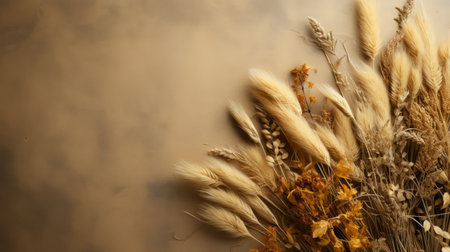 dried grains on a brown wooden surface, reminiscent of captivating floral still lifes. the beige and amber tones create a warm and inviting atmosphere against the smokey background. this high-quality, uhd image showcases a minimalistic composition and atmospheric installations. ai generatedの素材