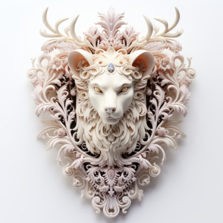 the large and elaborate head, featuring a white deer, is a stunning example of luminous 3d art. painted in a baroque style with ornate flourishes, this hyper-realistic illustration showcases the intricate details of the animal. inspired by angura kei and 8k 3d technology, the artwork appears as if it has been intricately carved. against a white background, the deer stands out as a captivating centerpiece.の素材
