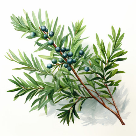 a realistic watercolor illustration of a piece of tree with berries, featuring native australian motifs. the artwork showcases a historical style with light navy and dark green tones. the artist skillfully captures the intertwining materials and creates a lifelike portrayal reminiscent of realistic oil portraits. the image is enhanced by the unique caffenol developing technique. ai generatedの素材