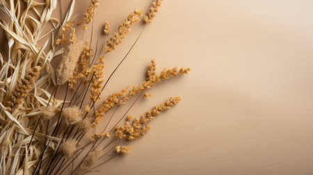 dried oats, wheat, and rye are arranged on a canvas in a minimalist style. the background is delicately adorned with vibrant flowers, creating a classic japanese simplicity. this uhd image showcases organic sculpting with a color palette of beige and amber, resulting in captivating and harmonious combinations. ai generatedの素材