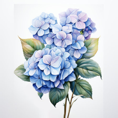 a hyperrealistic drawing by james bullough featuring richly colored and hyper-detailed blue flowers on a white background. this delicate watercolor illustration showcases elegant compositions and is printed using holotone printing technique. ai generatedの素材