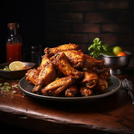 a plate of deliciously crispy grilled chicken wings is showcased on a rustic wooden table, accompanied by an array of flavorful condiments. the photo is captured using vray tracing, which adds a touch of intensity and drama to the scene. the use of fujifilm pro 400h film enhances the colors and textures, while innovative techniques and dignified poses make this image truly captivating. ai generatedの素材