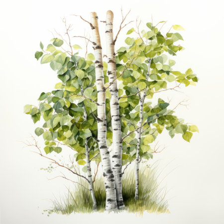 two watercolor paintings of birch trees and leaves, showcasing a realistic and detailed rendering. the serene pastoral scenes feature a combination of dark white and light green hues, as well as light yellow and gray tones. the traditional composition and multilayered realism evoke a sense of historical illustration. ai generatedの素材