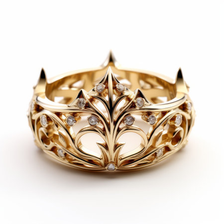 a gold ring with diamonds, featuring a gothic dark and ornate design with intricate cut-outs. this uhd image showcases the craftsmanship of the ring, inspired by the exaggerated nobility found in the works of hideyuki kikuchi, artgerm, and sven nordqvist. ai generatedの素材