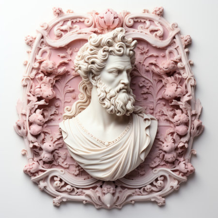 a man depicted in the form of the gods is captured in a pink decorative vase. this artwork showcases a realistic hyper-detailed portrait, with elements of relief sculpture and vray tracing. the composition draws inspiration from baroque religious scenes and site-specific artworks. the precisionist art style is evident in the intricate details, while the light color palette of white and pink adds a delicate touch.の素材