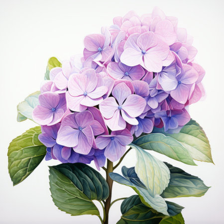 an illustration of blue and purple flowers, inspired by the realistic portrait paintings of gustave buchet. the artwork showcases light gray and pink hues, with hyperrealistic details and beautiful color gradients. the flowers are depicted in a realistic watercolor style, with vibrant violet and green tones. ai generatedの素材