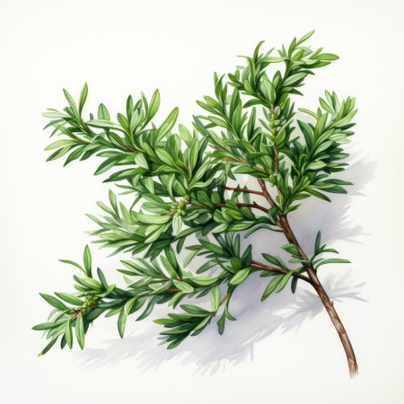 watercolor illustration of a green olive leaf with a flower, showcasing a realistic trompe-l'oeil style. the artwork is enhanced with isometric perspective and darktable processing, reminiscent of persian miniature techniques. the detailed illustrations capture the essence of absinthe culture with exacting precision. ai generatedの素材