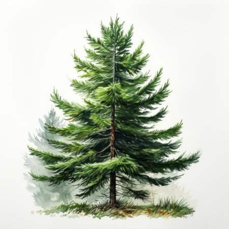 a watercolor sketch of fir trees in spring, set against a backdrop of majestic mountains. this artwork showcases a realistic and hyper-detailed rendering, capturing the intricate beauty of the trees and landscape. the illustration is elaborate, with dark red and green hues adding depth and richness to the scene. the style is reminiscent of detailed character illustrations and the use of a graflex speed graphicの素材
