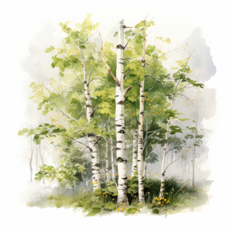 forest watercolor illustration featuring brush strokes in the style of highly detailed realism. the traditional composition of this artwork is reminiscent of renowned artists such as ivanovich pimenov and carolyn blish. the use of light white and yellow hues adds a touch of brightness, while the incorporation of light gray and green tones, inspired by guido borelli da caluso, creates a serene and natural ambiance.の素材