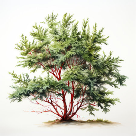 a tree with red leaves stands tall against a white background in this hyperrealistic painting. the scientific illustration showcases vibrant use of light and shadow, creating sharp and prickly details. the composition is hyperrealistic, with a striking combination of red and green hues. ai generatedの素材