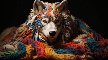 a vibrant and captivating wolf sculpture created by mike campau, featuring a mesmerizing blend of colorful yarns. this unique piece showcases the artist's talent for anamorphic art and embraces the style of colorful absurdism. with intense close-ups and intricate detailing, the sculpture stands out on unprimed canvas, adorned with meticulously crafted costumes in crossed colors. ai generatedの素材