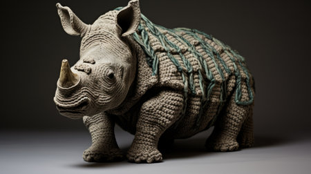 rhino sculptures for display by maria cristobal de lunia rna oprtia. these sculptures are created in the style of knitted and crocheted, nature-inspired camouflage. influenced by artists such as john t. biggers, stephen shortridge, and joel robison, maria cristobal de lunia focuses on joints and connections, creating ceramicist storyteller pieces. ai generatedの素材