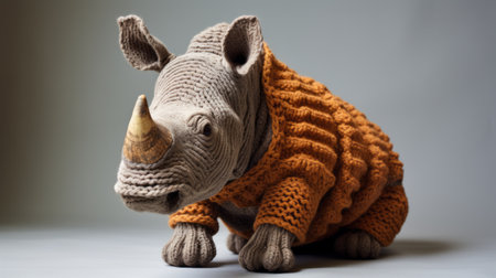 a knit rhino wearing an orange sweater is captured in this sculpture-based photograph. the dark beige and black tones enhance the hyperrealistic details, showcasing fine lines and intricate features. inspired by the rinpa school, this image showcases fantastical and imaginative creatures in a color palette of dark yellow and light beige. ai generatedの素材