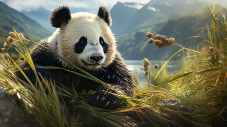 panda wallpaper: this hd wallpaper features a stunning panda, rendered in the style of unreal engine. the romanticized depiction of wilderness adds a touch of beauty to this image. captured with a sony alpha a7 iii, this wallpaper showcases the hyperrealistic and hyper-detailed rendering of the panda. perfect for nature lovers and photography enthusiasts. ai generatedの素材