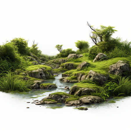 a landscape featuring a traditional chinese landscape style, set against a white background. this daz3d artwork by magali villeneuve showcases hyper-realistic water and highly detailed foliage. the primitivist elements and high dynamic range add depth and texture to the scene. ai generatedの素材