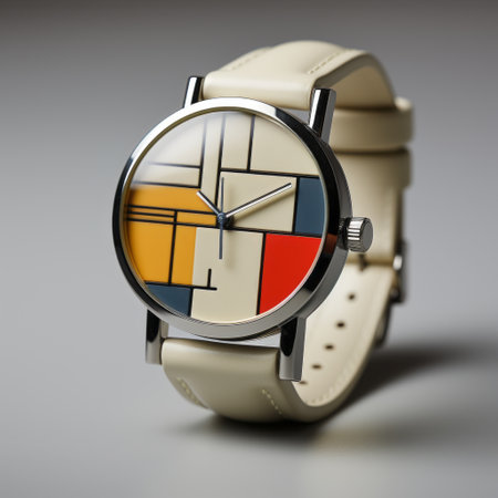 an abstract watch featuring rectangles on its face, inspired by meticulous photorealistic still lifes and influenced by the de stijl movement. created by artist ruslan lobanov, this tondo-shaped watch showcases a stained glass effect. perfect for admirers of abstract minimalism, this unique piece is rendered using vray technology. ai generatedの素材