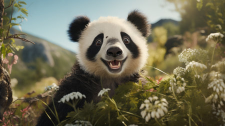 a screenshot of the world of pandas, showcasing a playful caricature style with hyperrealistic wildlife portraits. the image features low-angle shots capturing the strong facial expressions of the pandas. created using vray tracing technology, this artwork beautifully incorporates flower and nature motifs. powered by intel core, this captivating depiction brings the world of pandas to life. ai generatedの素材
