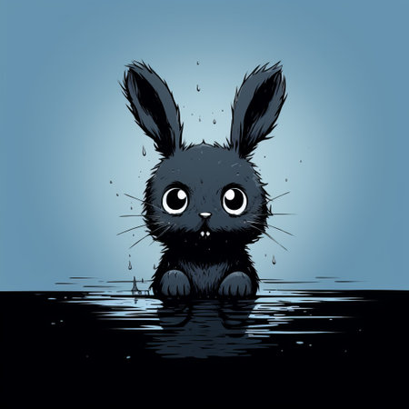 a little black bunny sits in a body of water, showcasing a nightmarish illustration style. with an intense gaze, the bunny stands out against the dark sky-blue and dark gray surroundings. the image evokes the eerie atmosphere of necronomicon illustrations, featuring inventive character designs and luminous shadowing. the bunny appears soggy, adding to the overall mysterious ambiance. ai generatedの素材
