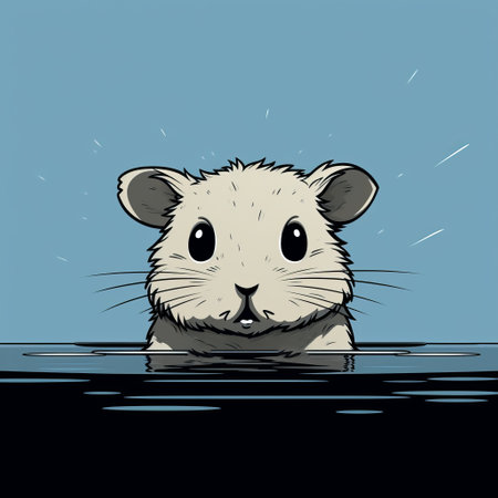 a hamster experiencing its first time in the water, captured in a high-quality photo by mary nichols. the image showcases a detailed character design with shiny eyes, set against a dark sky-blue background. the clever use of negative space enhances the hamster's presence, while the line drawing style adds a touch of charm. the color palette consists of dark white and gray tones. ai generatedの素材