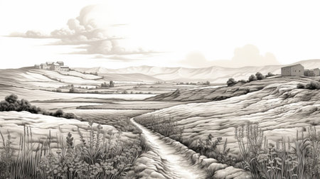 a monochrome landscape drawing of the countryside featuring dirt tracks, trees, and bushes. the artwork showcases soft color fields, realistic and hyper-detailed renderings reminiscent of the art of the upper paleolithic era. the color palette consists of light beige and gray tones, with high-contrast shading creating a dramatic effect. ai generatedの素材